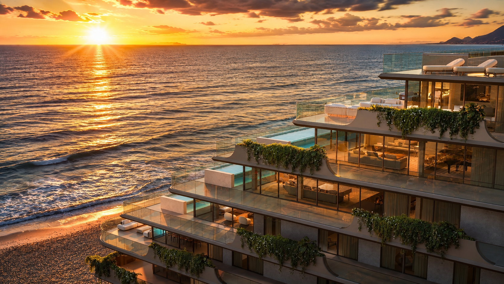 Fachada frente-mar do ATTO ao entardecer, com varandas ajardinadas e piscinas privativas